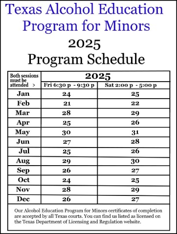 2025 Alcohol Education Program for Minors Schedule of Classes